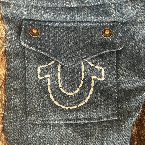 True Religion Trapper Hat Dark Blue Denim Faux Fur Horseshoe Pockets NWT - Picture 2 of 8